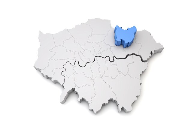 Mapa da maior londres mostrando redbridge borough em renderização azul d