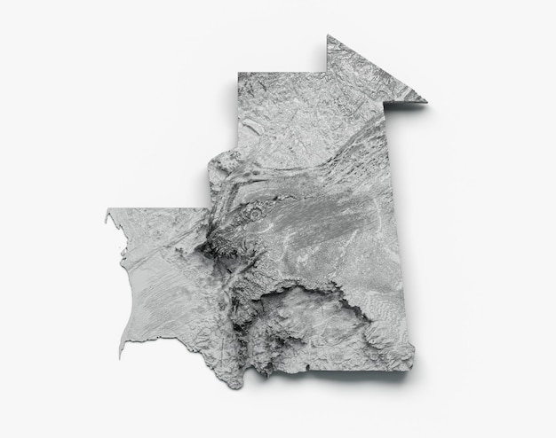 Mapa da Mauritânia relevo sombreado mapa de altura de cor na ilustração 3d de fundo branco