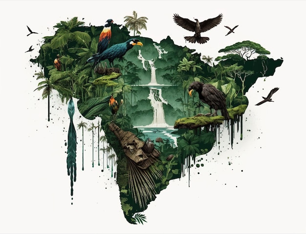 Mapa da selva amazônica com fogo.