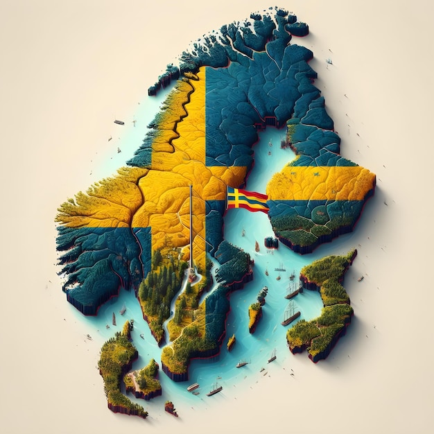 Mapa da Suécia com bandeira do país agitando foto realista