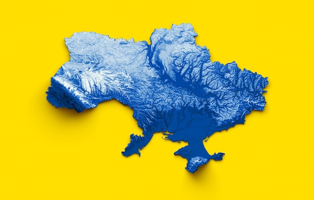 Mapa da Ucrânia com a bandeira Cores Azul e Vermelho Mapa de relevo sombreado ilustração 3d