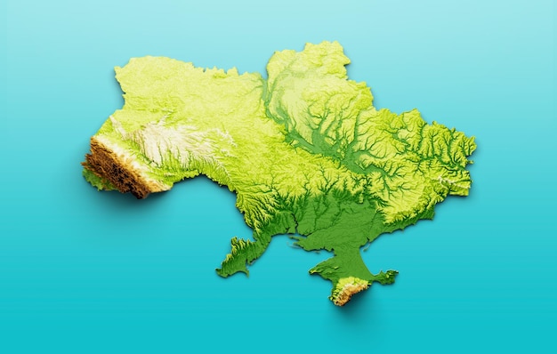 Mapa da Ucrânia Mapa de altura de cor de relevo sombreado no mar Ilustração 3d de fundo azul