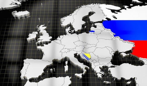 Foto mapa das bandeiras da europa da bósnia e herzegovina e ilustração 3d da rússia