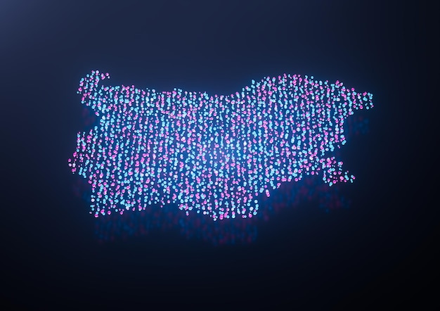 Mapa de datos digitales de Bulgaria iluminado partículas brillantes de neón rosa y azul Ilustración 3D