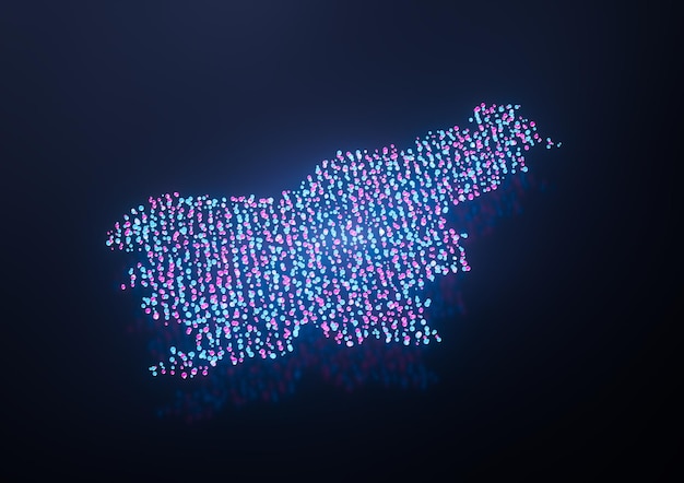 Mapa de datos digitales de Eslovenia iluminado partículas brillantes de neón rosa y azul Ilustración 3D