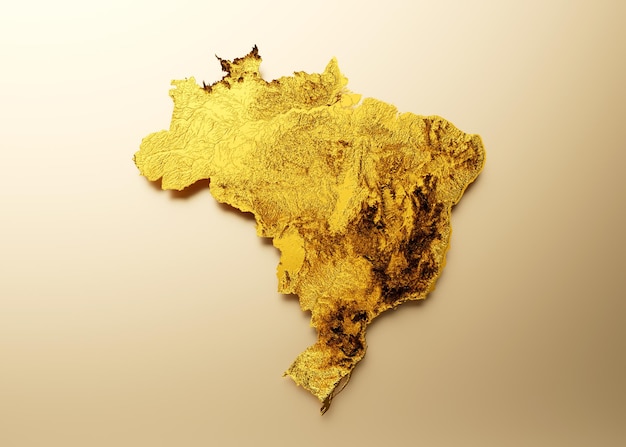 Foto mapa de altura de cor de metal dourado do mapa do brasil na ilustração 3d de fundo branco