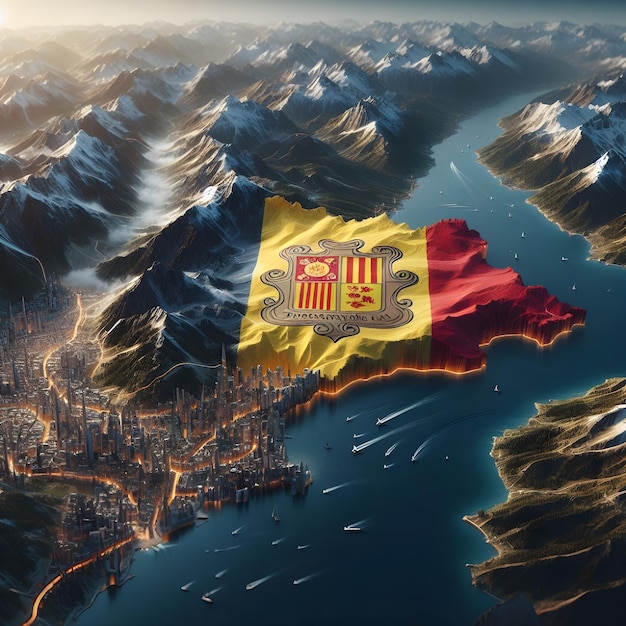 Mapa de Andorra com a bandeira do país agitando foto realista