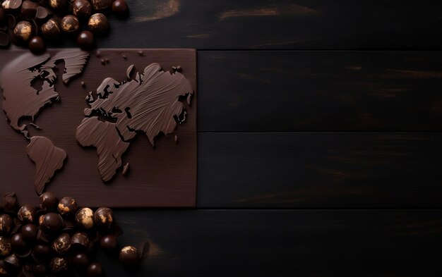 Mapa de chocolate com chocolate em uma mesa de madeira escura