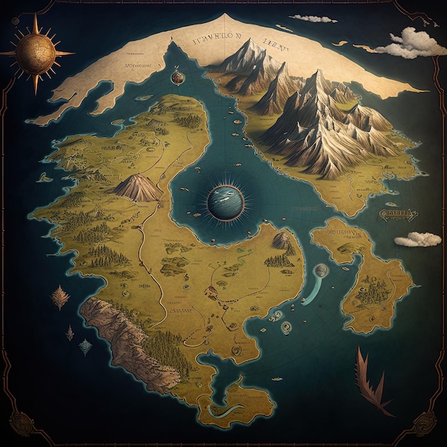 Mapa de fantasia do reino da Idade Média, mapa de jogo de RPG AI