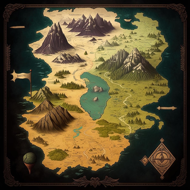 Mapa de fantasia do reino da Idade Média, mapa de jogo de RPG AI