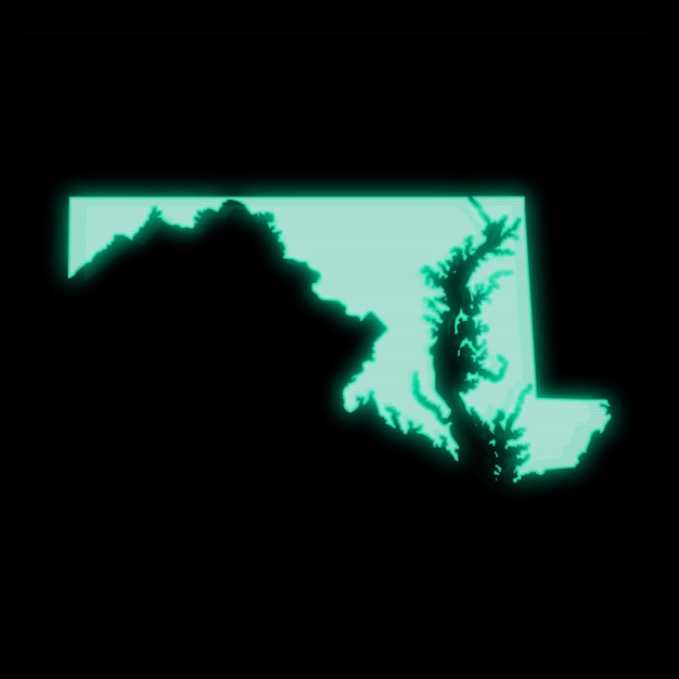 Mapa de Maryland, tela de terminal de computador verde antigo, em fundo escuro