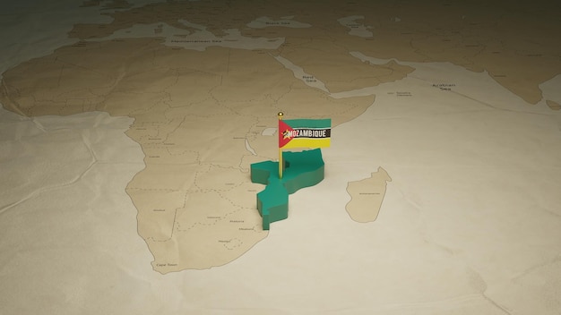 Mapa de moçambique com bandeira no fundo da terra 3d renderizado