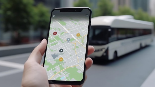 Mapa de navegação on-line no conceito de ônibus de transporte de smartphone Generative AI