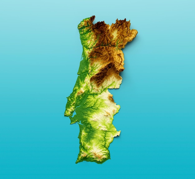 Mapa de Portugal Sombreado relevo Cor Altura mapa no mar Ilustração 3d de fundo azul