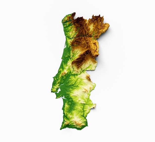 Mapa de Portugal Sombreado relevo Cor Altura mapa no mar Ilustração 3d de fundo azul