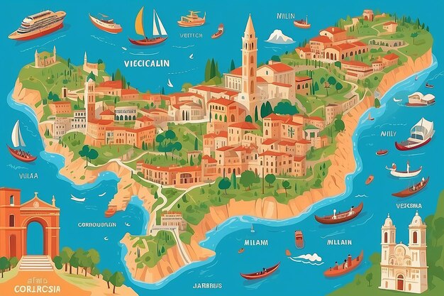 mapa de viagem colorido da Itália com símbolos de atração palavras italianas para Veneza Monte Vesúvio Milão Nápoles