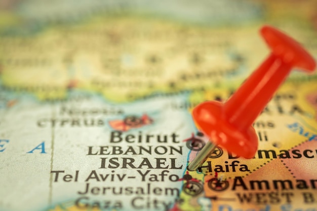 Mapa de viagem de Israel com marcador de ponto de pino de pressão closeup conceito de viagem na Ásia