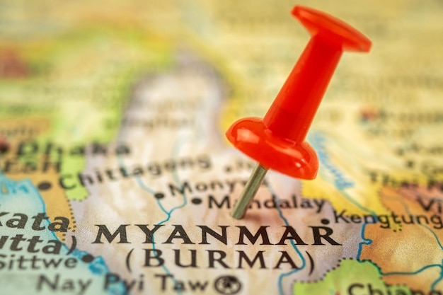 Mapa de viagem de Myanmar Burma com marcador de ponto de pino de pressão fechado conceito de viagem na Ásia