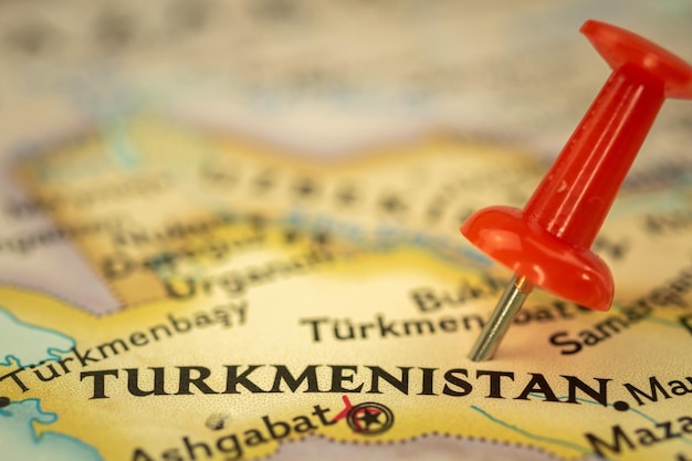 Mapa de viagem do Turcomenistão de localização com marcador de ponto de pino de pressão closeup conceito de viagem na Ásia