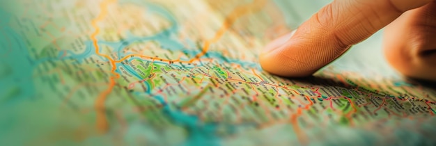 Un mapa con un dedo que señala un destino que simboliza las decisiones en la dirección del viaje y la vida