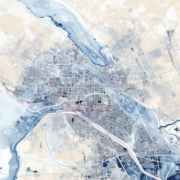 Mapa detallado en azul y blanco de la ciudad de Phnom Penh, Camboya