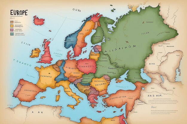 El mapa dibujado a mano de las diversas culturas de la esencia europea