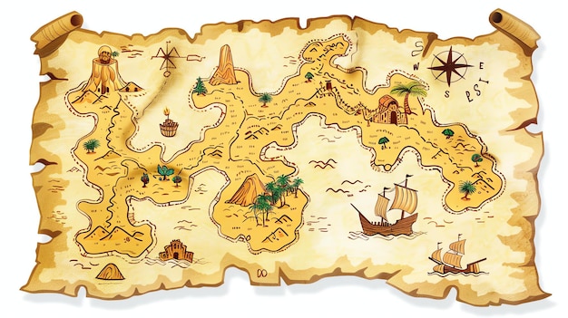 Un mapa dibujado a mano de una isla ficticia El mapa está dibujado en papel de pergamino y está decorado con ilustraciones de barcos palmeras y montañas