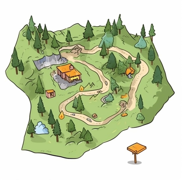 Un mapa de dibujos animados de un pequeño pueblo con una carretera y un letrero de madera generativo ai