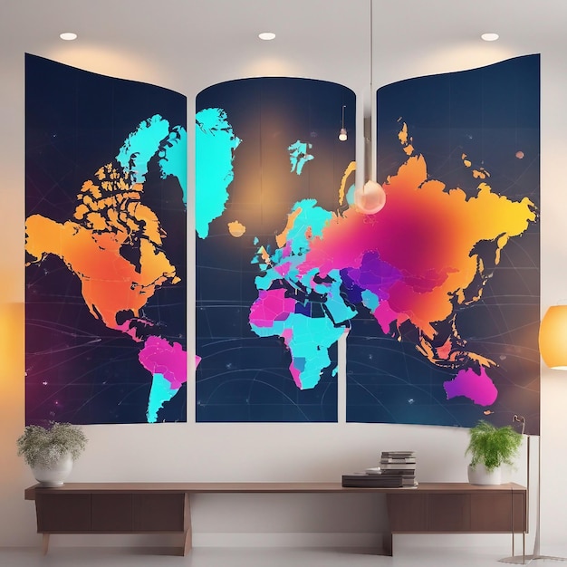 Mapa digital abstrato do mundo com cores vibrantes geradas por IA