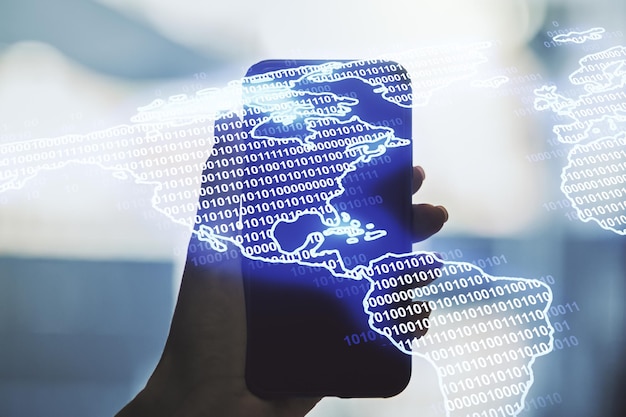 Mapa digital de América y mano con teléfono en el fondo concepto de comercio internacional Multiexposición