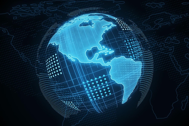 Mapa digital de América del Norte y del Sur sobre fondo oscuro 3D Rendering