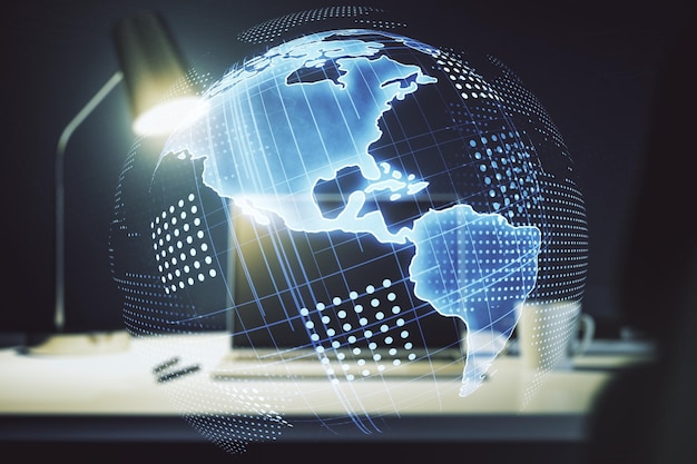 Mapa digital de América sobre el concepto de comercio internacional de fondo portátil moderno Multiexposición