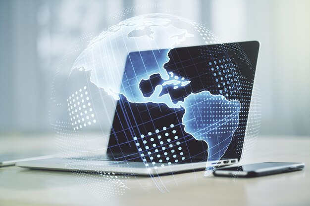 Mapa digital de América sobre el concepto de comercio internacional de fondo portátil moderno Multiexposición