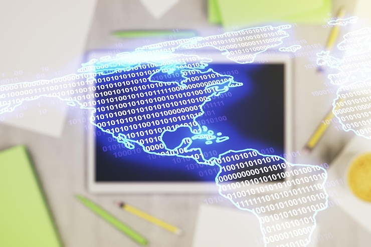 Foto mapa digital de américa y tableta digital moderna en el escritorio en la vista superior de fondo concepto de tecnología global multiexposición