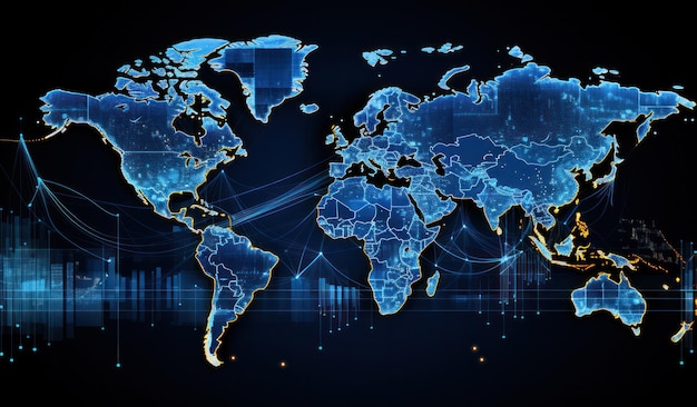 Mapa digital azul del mundo con continentes