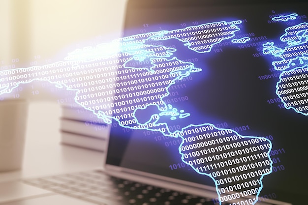 Mapa digital da América no conceito de comércio internacional de fundo de laptop moderno Multiexposição