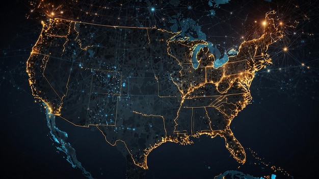 Mapa digital de los Estados Unidos con conexiones de red iluminadas por la noche
