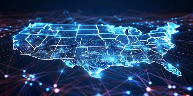 Mapa digital de los Estados Unidos que simboliza las conexiones globales a través de la transferencia de datos y el concepto de tecnología cibernética.