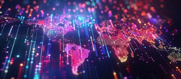 Un mapa digital del mercado bursátil mundial con líneas brillantes rojas y azules que representan viajes