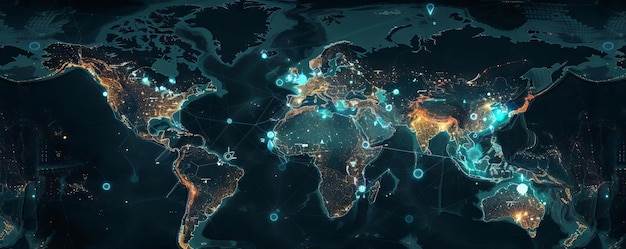 Foto un mapa digital del mundo con nodos brillantes que representan centros globales de vigilancia de ciberseguridad que monitorean el tráfico de internet