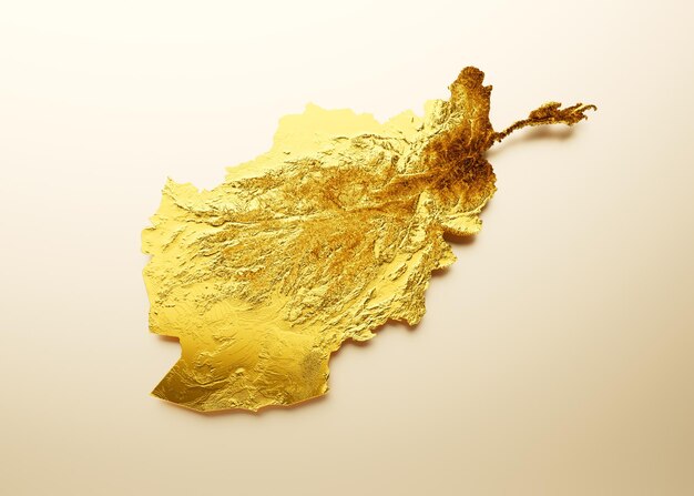 Mapa do Afeganistão Mapa de altura de cor de metal dourado na ilustração 3d de fundo branco