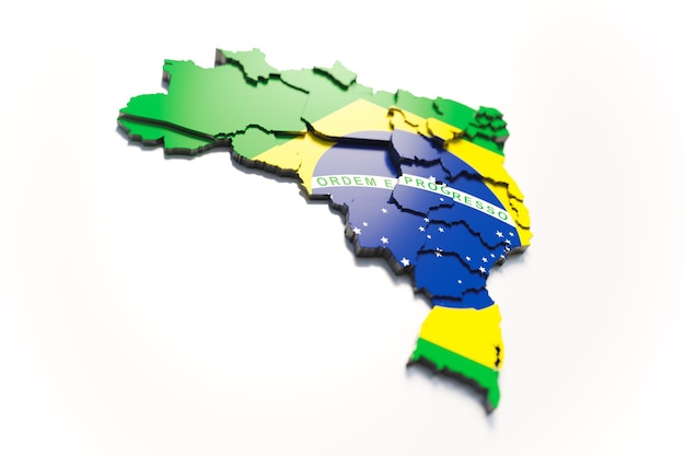 Mapa do Brasil com cores de bandeira e sombra no fundo branco por renderização em 3D