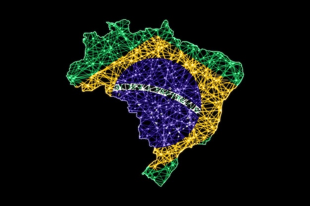 Mapa do brasil, mapa de linhas de malha poligonal, mapa de bandeiras