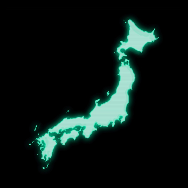 Mapa do Japão, tela de terminal de computador verde antigo, em fundo escuro