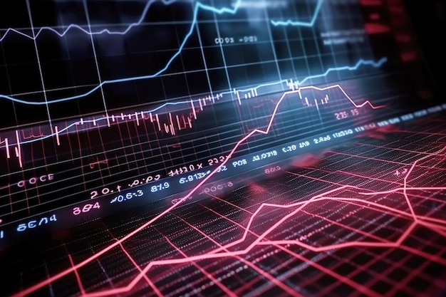 Mapa do mercado de ações, análise de transações, finanças, investimento, mercado de ações, gráfico financeiro ou de câmbio, gráfico de mercado, crise, perdas, crescimento, renda e lucros, vencer a tendência