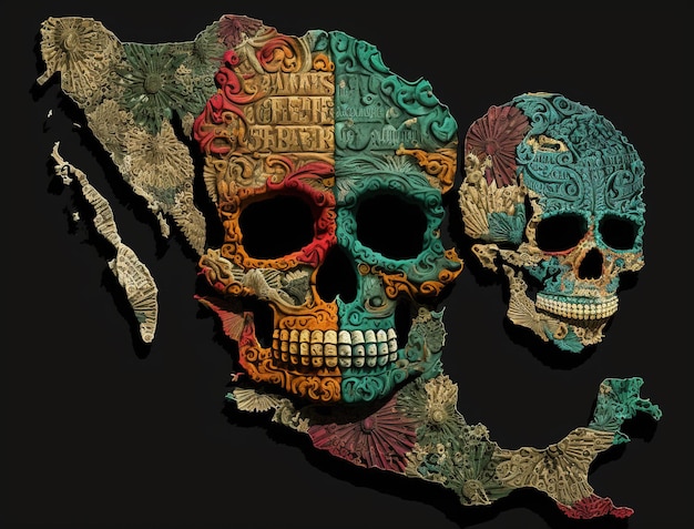 Mapa do México com caveira. dia do festival de cultura morta.