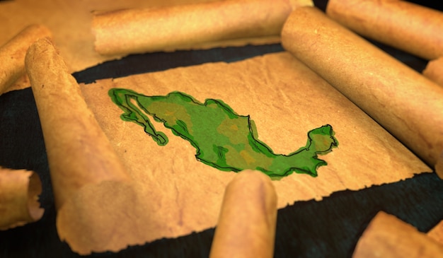 Mapa do méxico pintura desdobrando papel velho rollo 3d