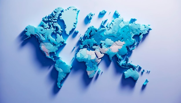 Foto mapa do mundo 3d esculpido em branco e azul flutuando em um gradiente suave visualização de estudo de climatologia ia geradora