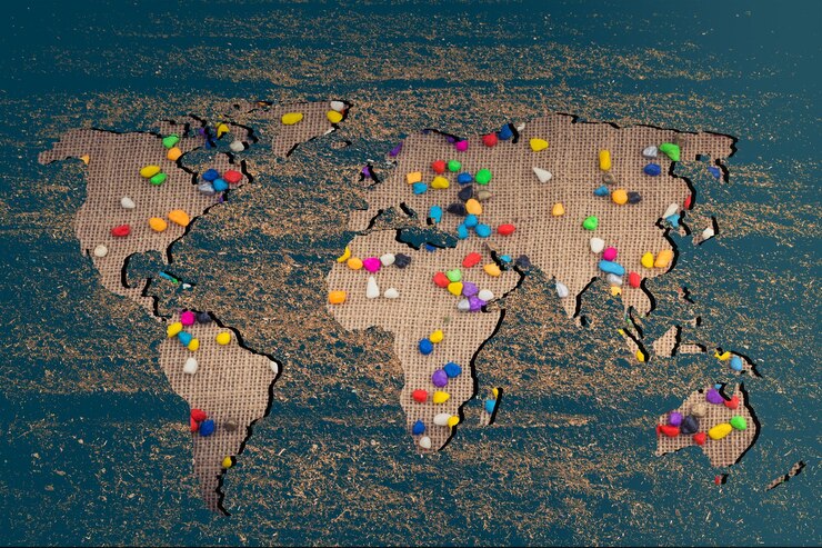 Foto mapa do mundo aproximadamente esboçado com enchimento colorido