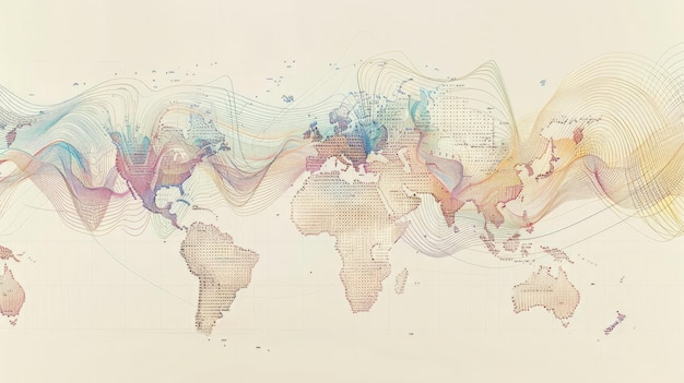 Mapa do mundo com linhas de conexão e gráficos de crescimento populacional para o Dia Mundial da População mostrando conexões globais